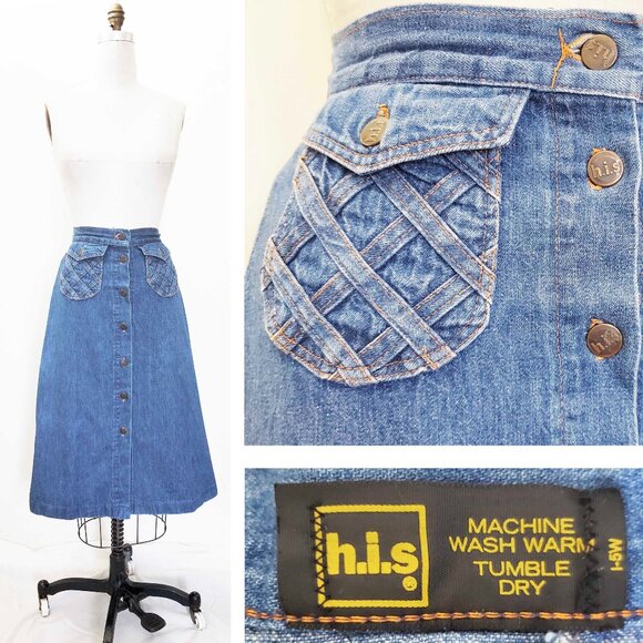Vintage 70s H.I.S Womens A-line Denim Skirt with Patch Pockets Blue XS - Picture 1 of 7